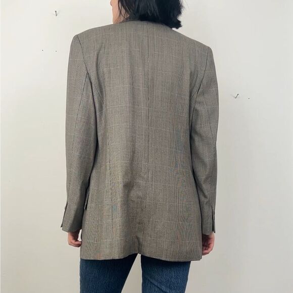 Vintage Burberry Plaid Tan Grey Wool Silk Blazer - Picture 4 of 8